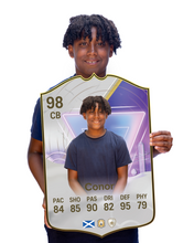 Load image into Gallery viewer, Creator Series 25 Rising Stars All-Time Great finished card held for scale
